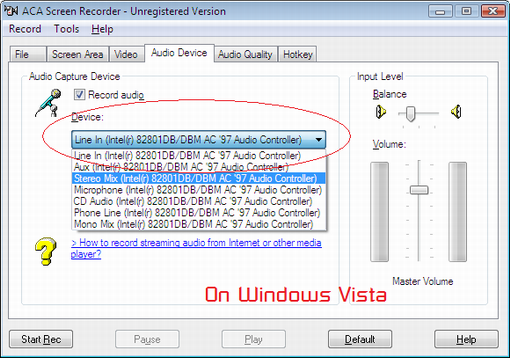 record audio when ACA Screen Recorder recording video - Windows Vista